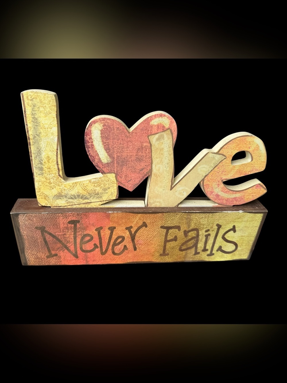 Love Never Fails Decorative Block - Red & tan